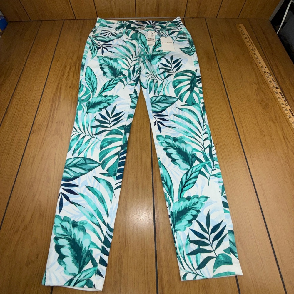 Tommy Bahama Mo'orea Monstera Ankle Pants White Green Tropical Leaf Size 27 NEW